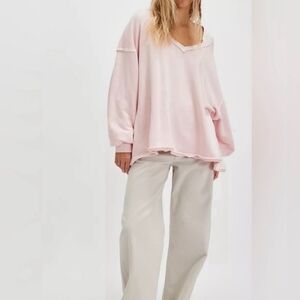 Free People Oversized Venice V Neck Sweatshirt Pink XS
